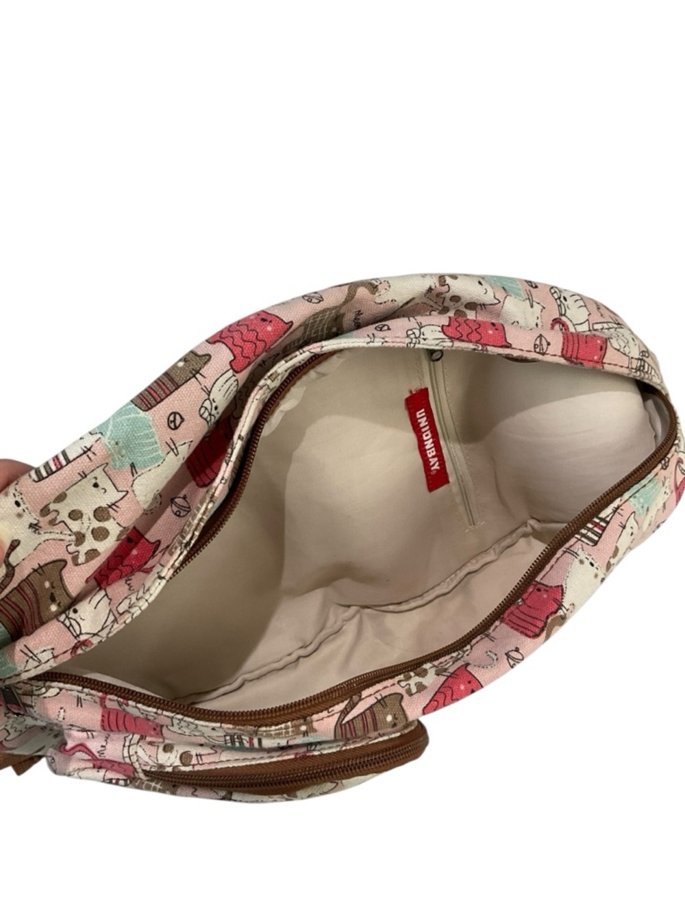 UNIONBAY Cat Print Sling Backpack in Pink, Brown, and Mint - Picture 7 of 12